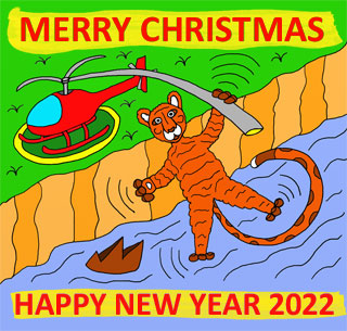 Merry Christmas and Happy New Year 2022 Ecard with symbol of new year Tiger hanging on the blade of a helicopter over ocean of changes