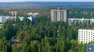 Chernobyl Helicopter Tour | Prypyat Ghost Town with view of Ferris Wheel of Pripyat amusement park, Palace of Culture Energetik and Hotel Polissya